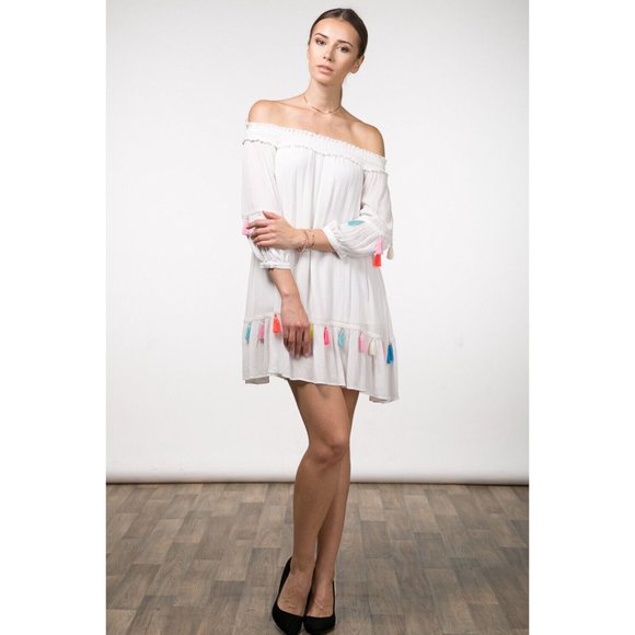 Casual Off The Shoulder Multi-Color Tassels White Dress Super Cute Comfy - Picture 7 of 13